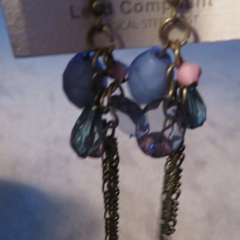 ONE WAY COLLECTION- WOMEN'S - LT. BLUE BEADS AND HANGING CHAINS LONG EARRINGS